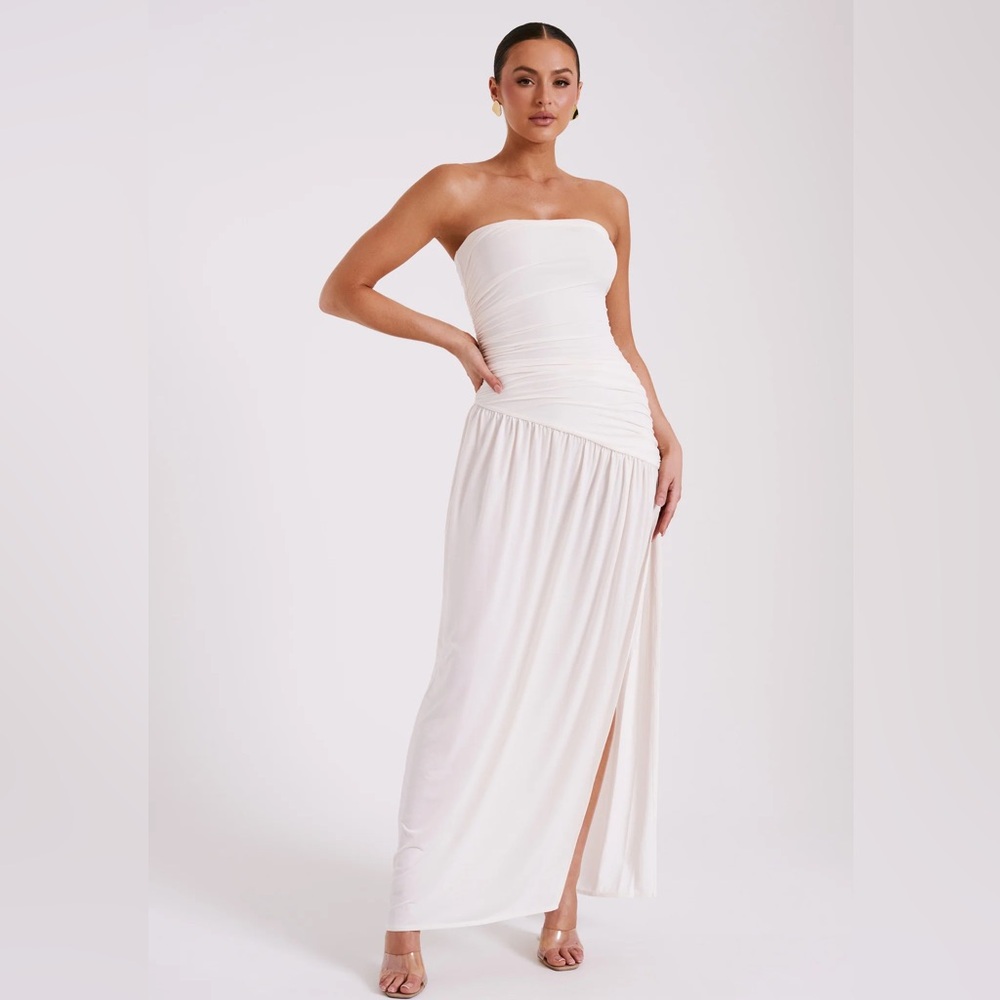 Meshki’s Bex Strapless Slinky Maxi Dress With Split in Ivory